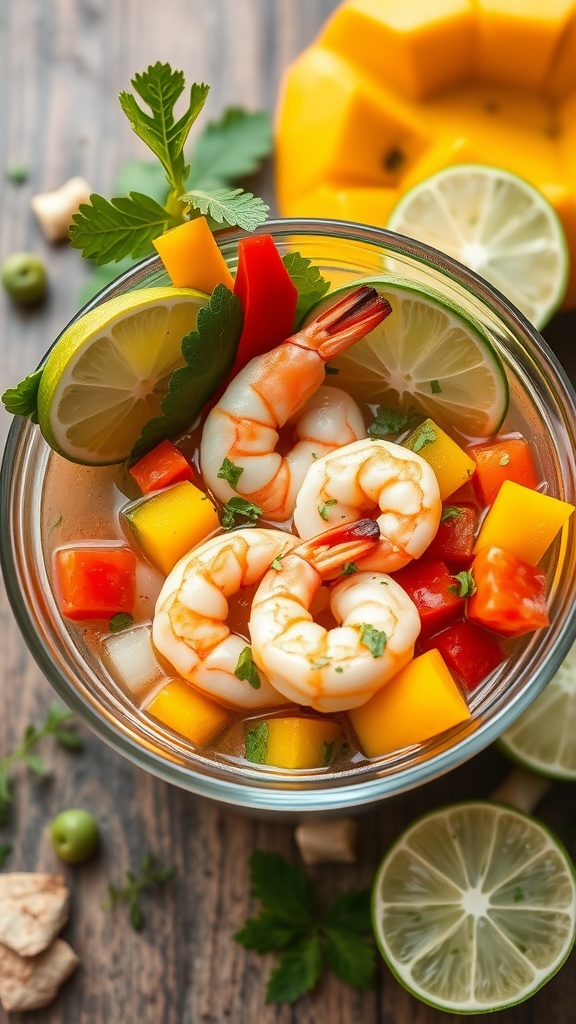 A bowl of shrimp and mango ceviche with lime and cilantro