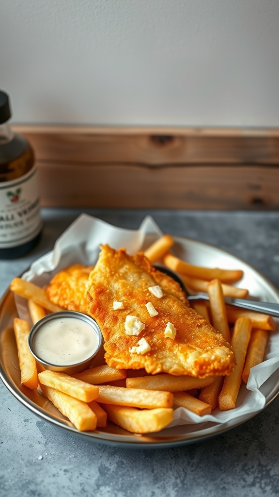 A plate of fish and chips featuring crispy fried cod and golden fries served with tartar sauce.