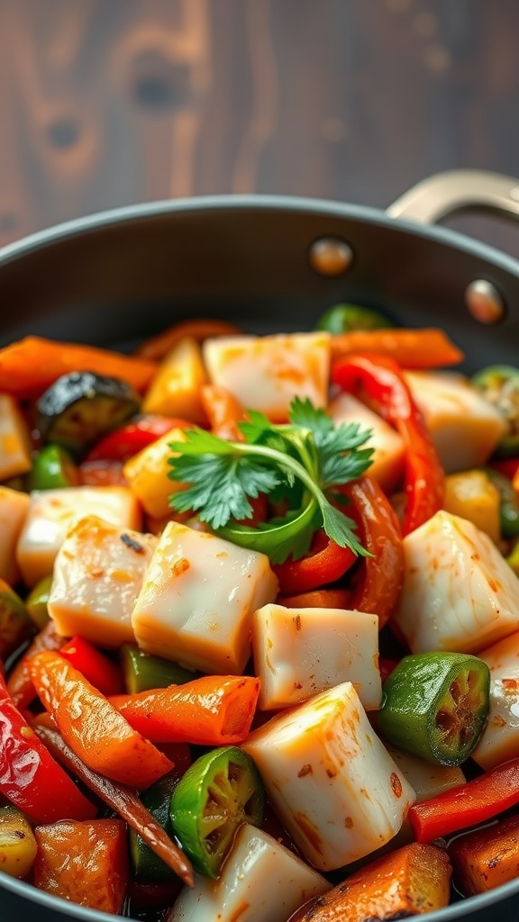 A colorful stir-fry with fish and various vegetables.