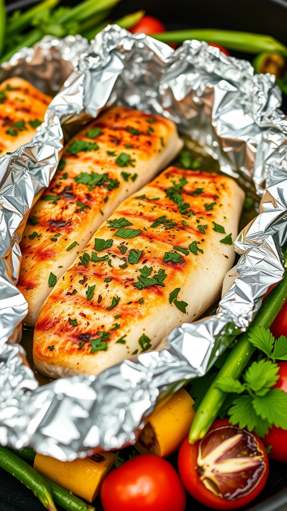 Fish foil packets with garlic and herbs surrounded by fresh vegetables on a grill.