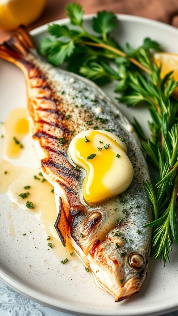 Grilled Dorado fish with garlic and herb butter garnished with herbs and lemon