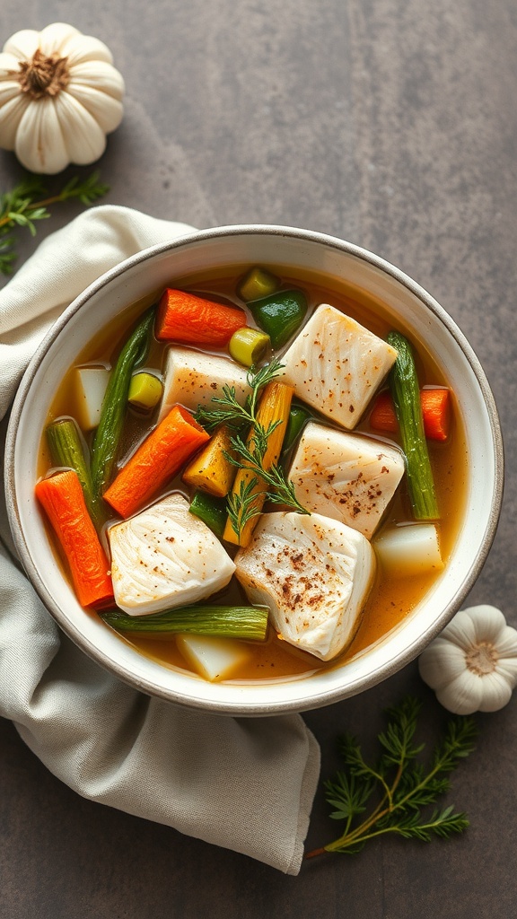 A bowl of garlic butter baked fish stew with colorful vegetables.
