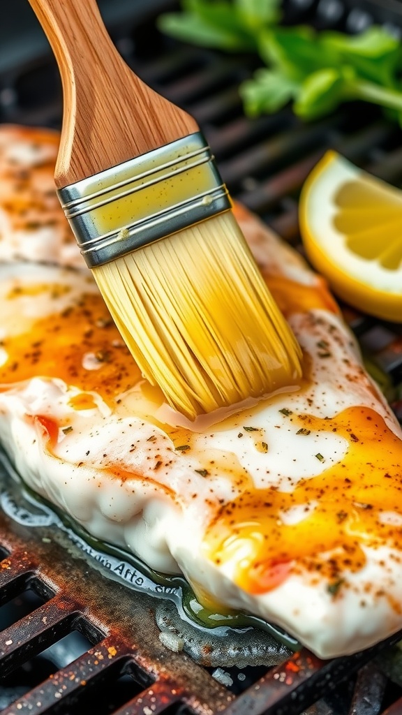 Garlic butter being brushed onto red snapper on a grill.