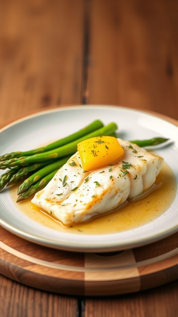 Plate of garlic butter cod with asparagus