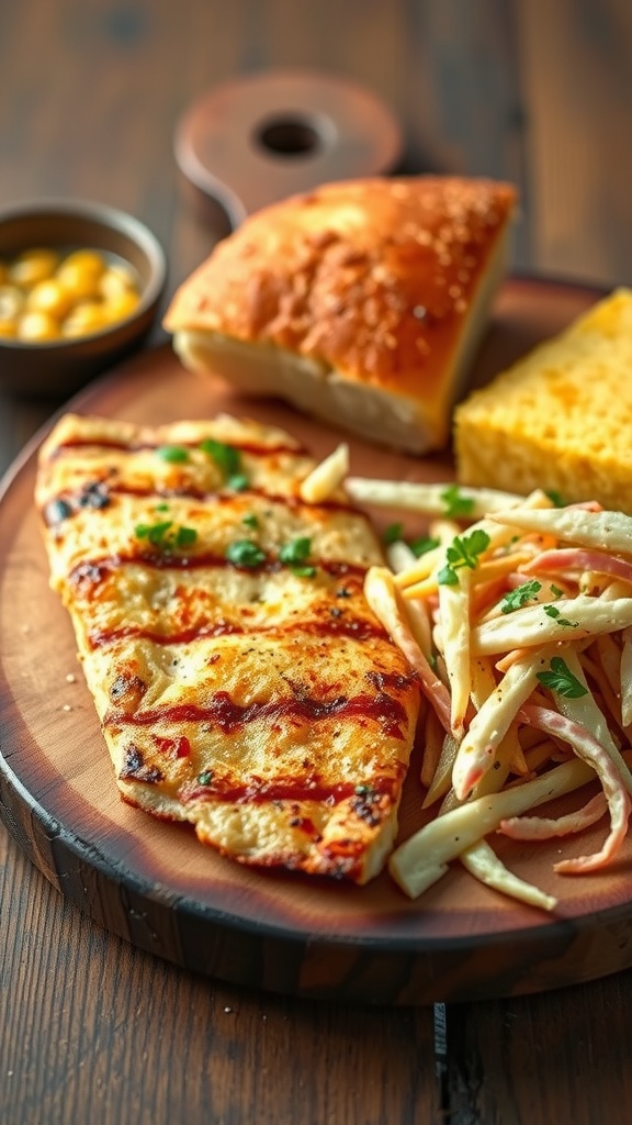 A plate featuring grilled catfish, cornbread, and slaw.
