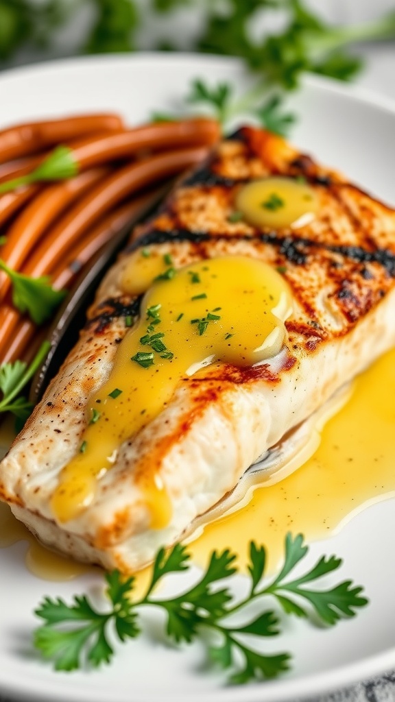 Garlic Butter Grilled Halibut with lemon and parsley