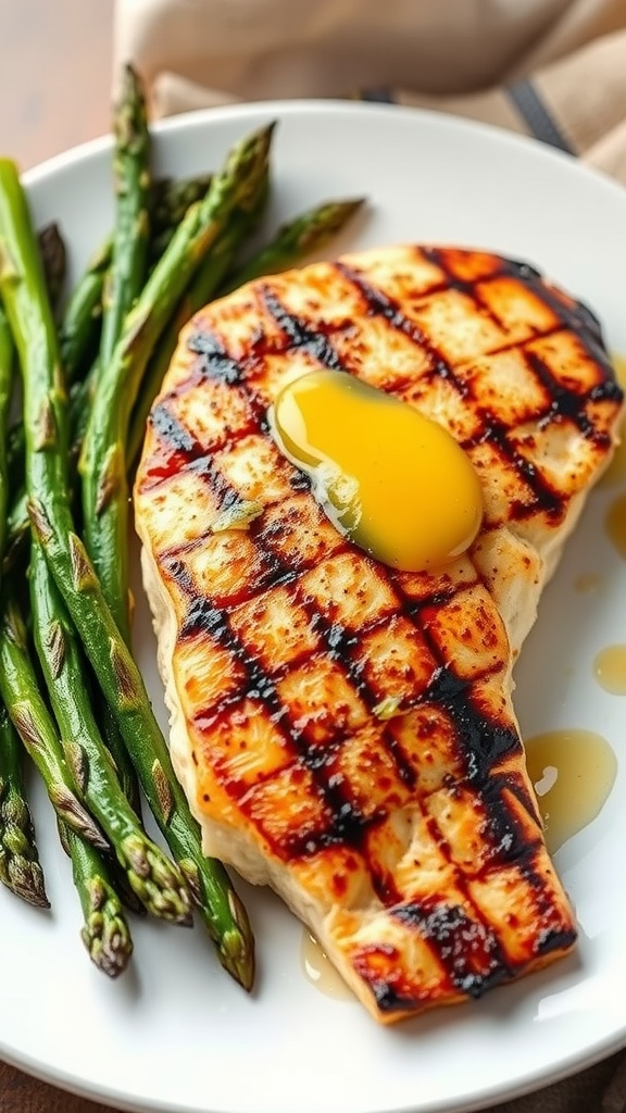 A grilled mahi mahi fillet topped with garlic butter and served with asparagus.
