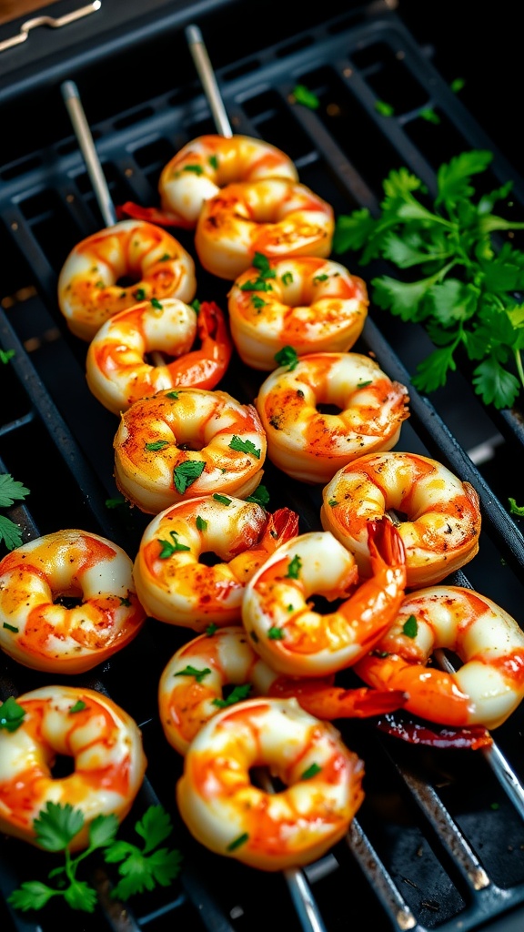 Garlic Butter Grilled Shrimp Skewers on a grill