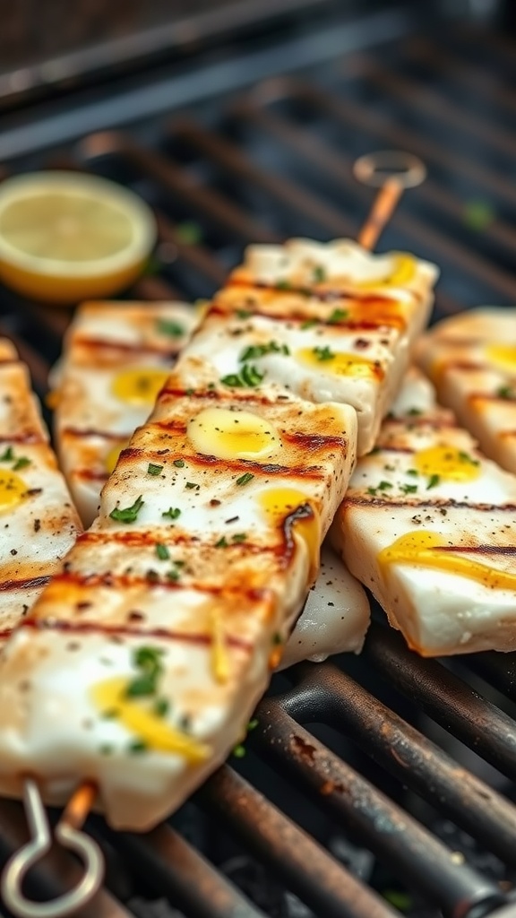 Grilled swordfish skewers on the grill with garlic butter and lemon.
