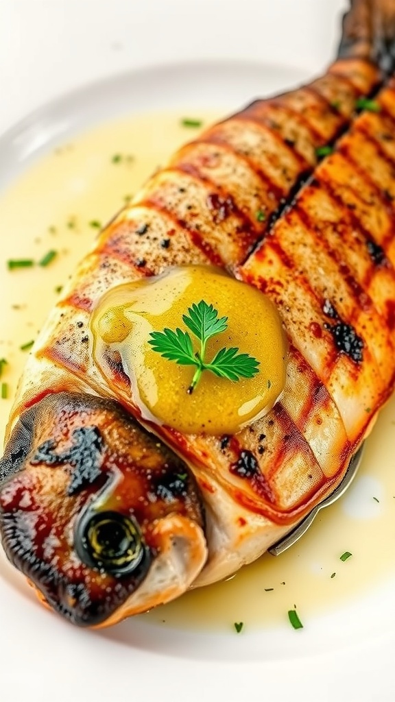Garlic Butter Grilled Trout served with fresh herbs