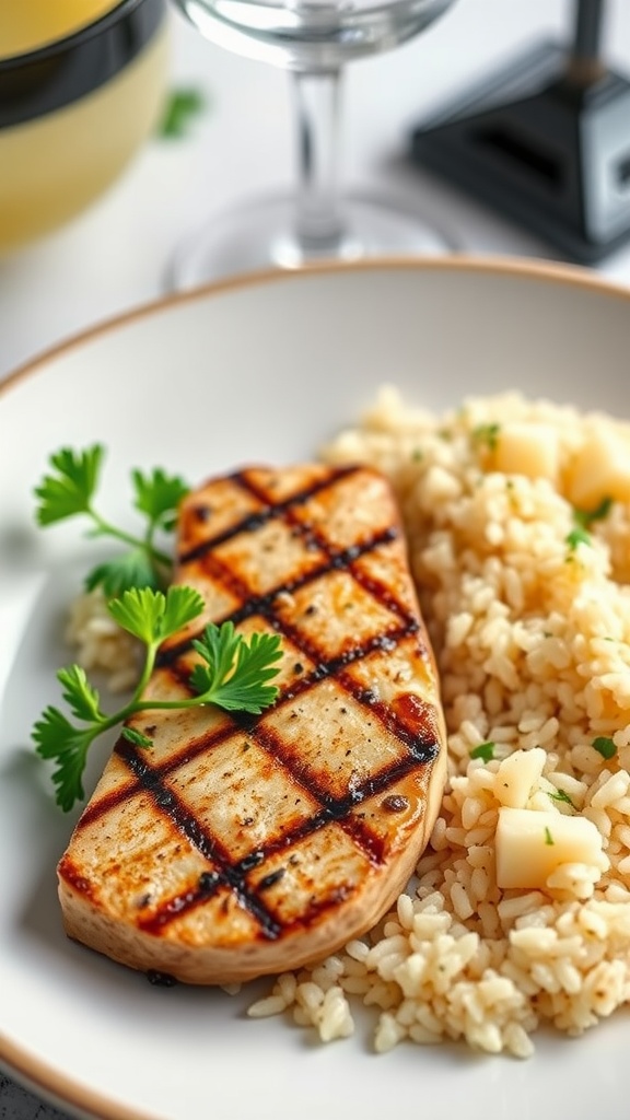 A plate of garlic butter grilled tuna steak served with fluffy rice pilaf and garnished with parsley.