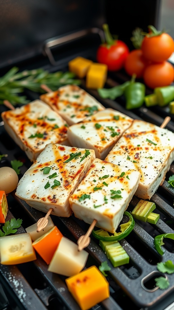 Delicious garlic butter halibut skewers on a grill.