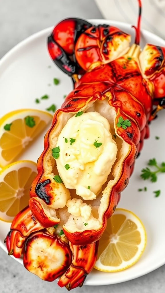 A delicious garlic butter lobster tail served with lemon slices.