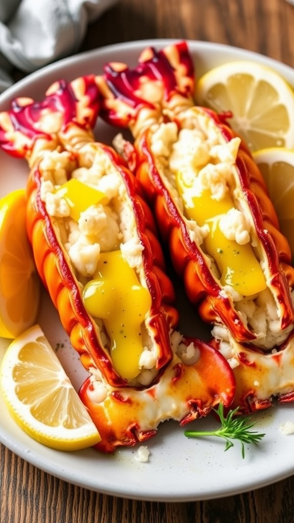 Garlic Butter Lobster Tails served with lemon wedges