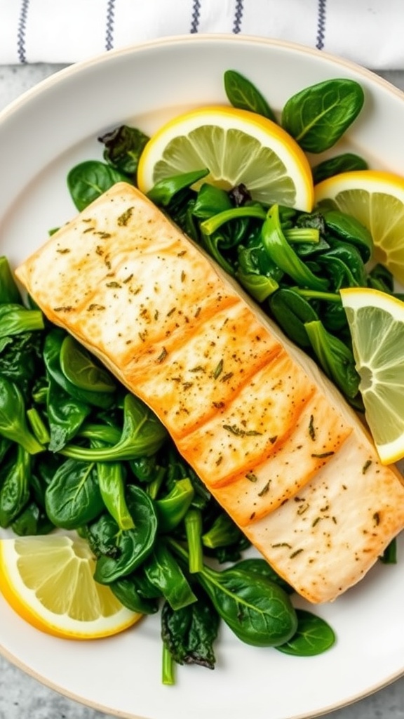 Garlic butter salmon fillet on a bed of fresh spinach with lemon slices.