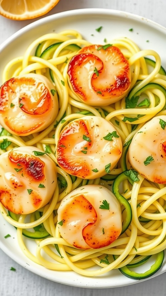 Garlic Butter Scallops served with zoodles on a plate.