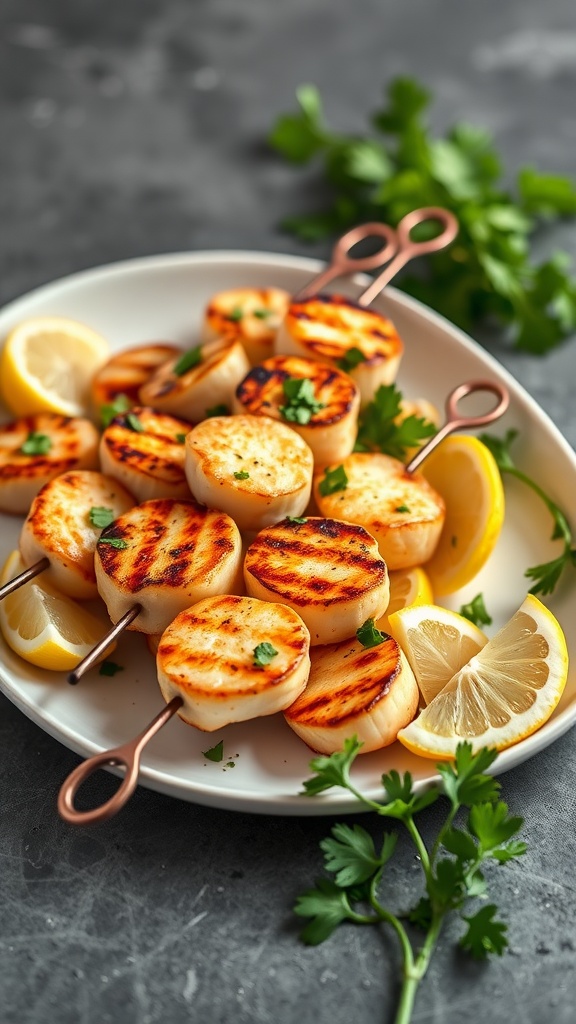 Garlic butter scallops skewers served with lemon and parsley