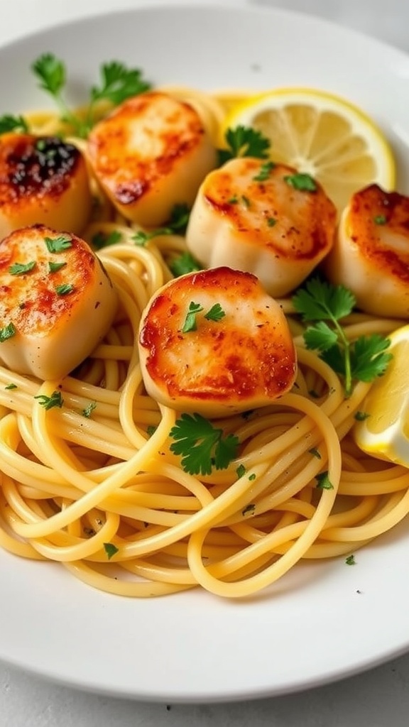 A plate of linguine topped with garlic butter scallops, garnished with lemon and parsley.