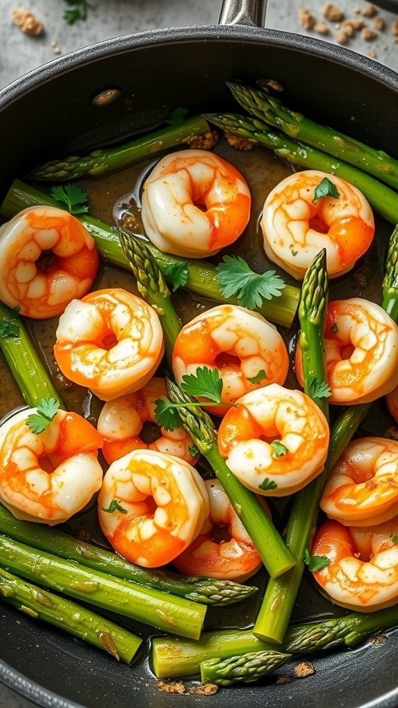 Garlic butter shrimp with asparagus in a skillet