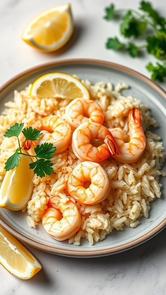 A plate of garlic butter shrimp served over lemon rice, garnished with lemon slices and parsley.