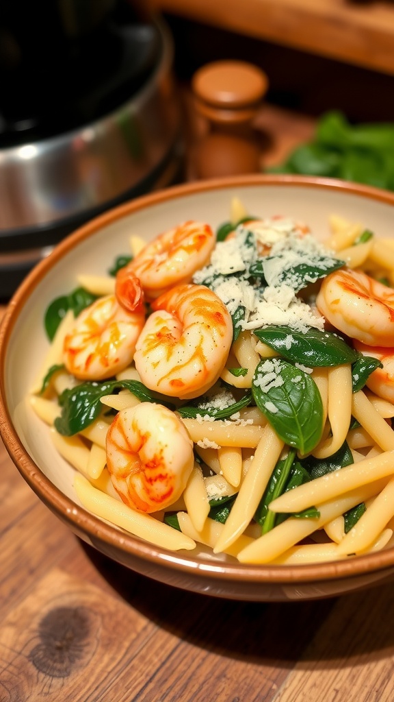 A bowl of garlic butter shrimp and spinach penne pasta garnished with cheese.