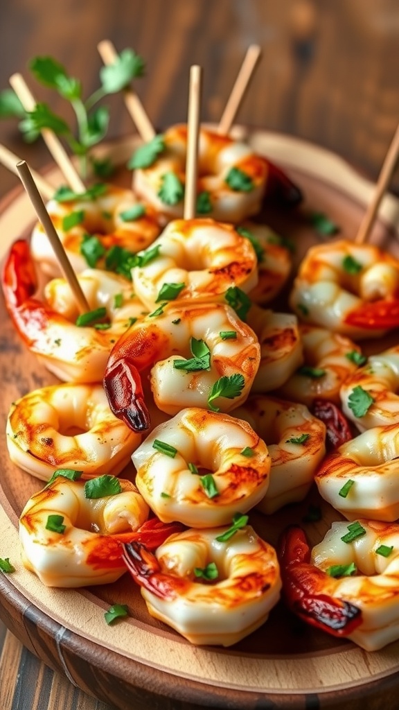 A plate of garlic butter shrimp skewers garnished with parsley and placed on a wooden serving platter.