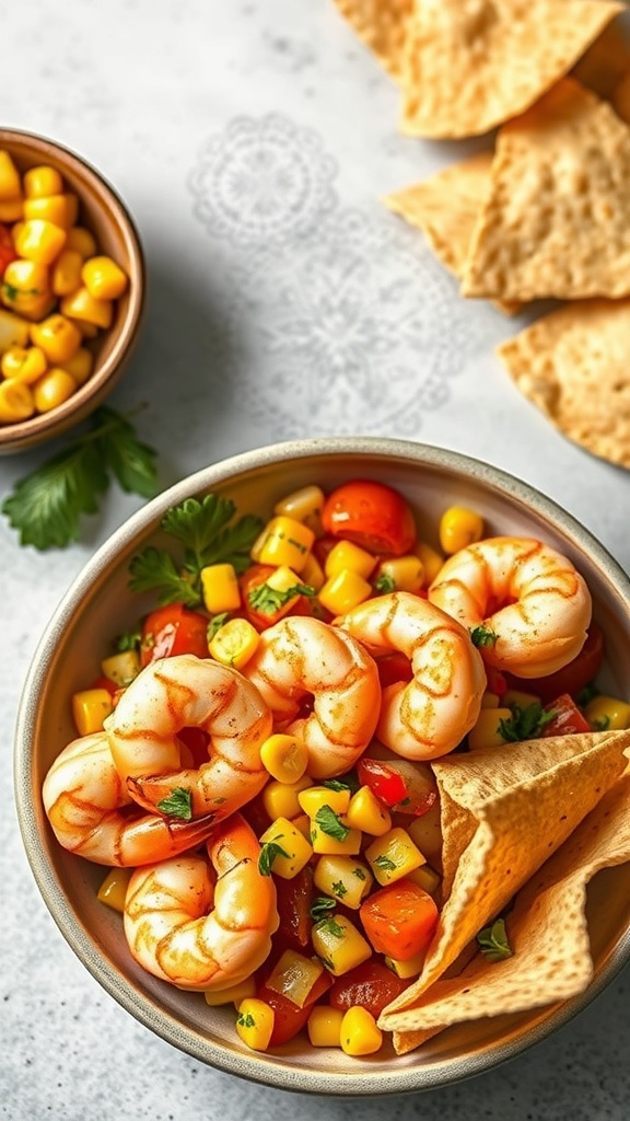 A bowl of garlic butter shrimp served with corn salsa, garnished with cilantro and accompanied by tortilla chips.