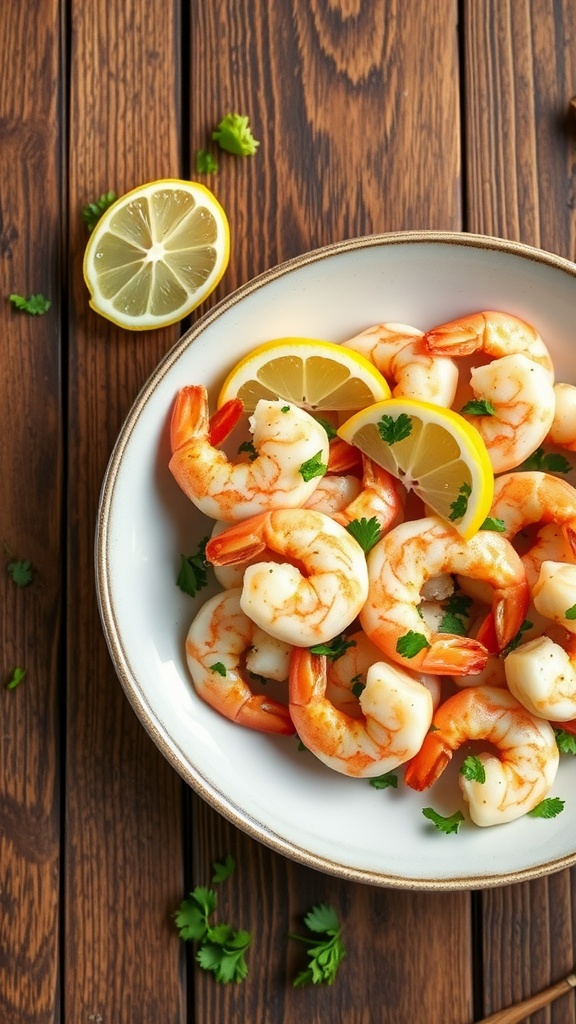 A delicious plate of garlic butter shrimp garnished with lemon and parsley.