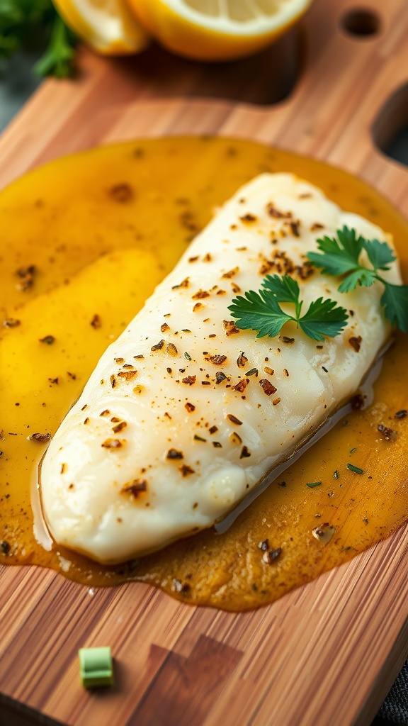 A delicious serving of garlic butter tilapia, garnished with parsley and lemon.