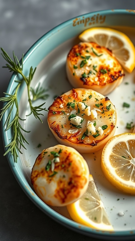 Garlic herb broiled scallops with lemon slices