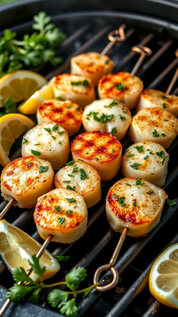 Grilled garlic herb skewered scallops with lemon and parsley on a grill.