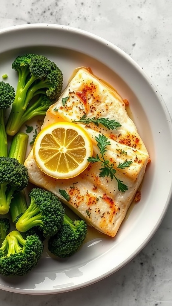 A plate of Garlic Lemon Baked Cod with Broccoli featuring a fillet of cod topped with lemon slices and surrounded by broccoli florets.
