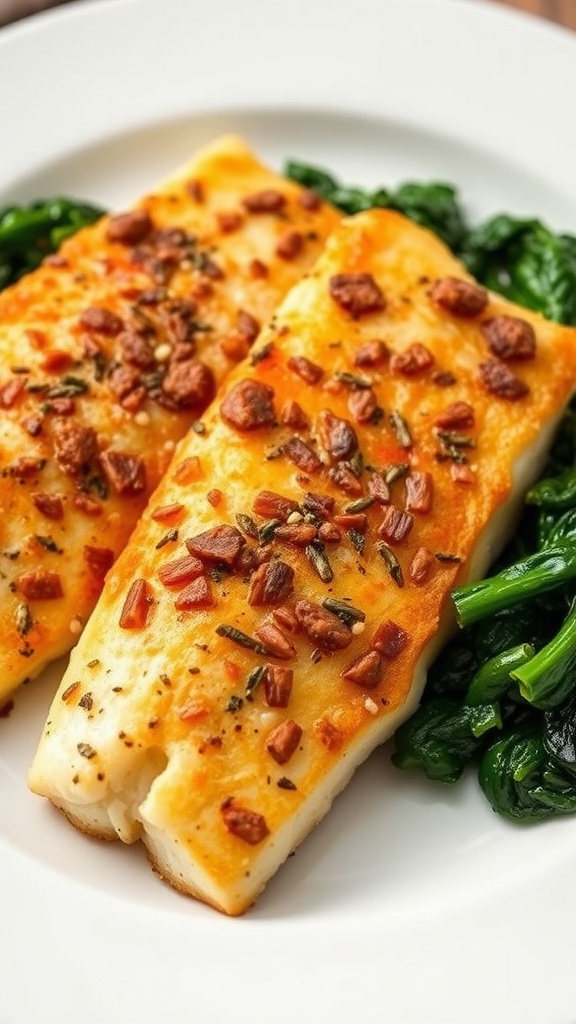 A delicious serving of baked catfish topped with garlic and Parmesan, accompanied by sautéed spinach.