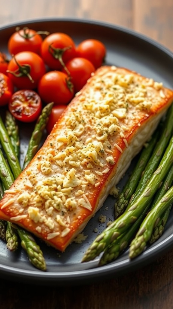 A plate of garlic Parmesan crusted salmon served with asparagus and cherry tomatoes, garnished with lemon.