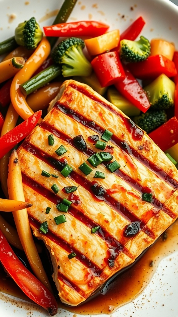 Grilled mahi mahi with ginger soy marinade served with colorful vegetables.