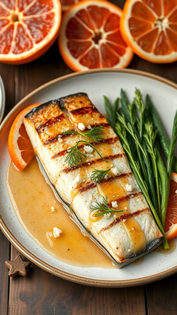 Grilled sea bass with a citrus glaze and fresh herbs