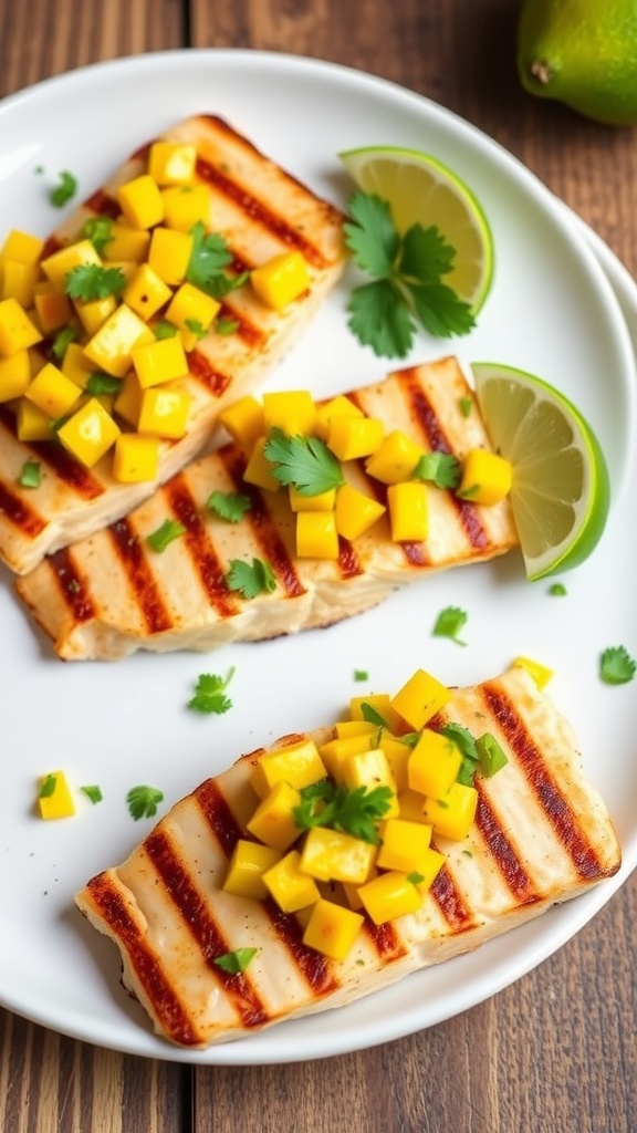 Grilled catfish fillets topped with mango salsa and garnished with lime and cilantro.