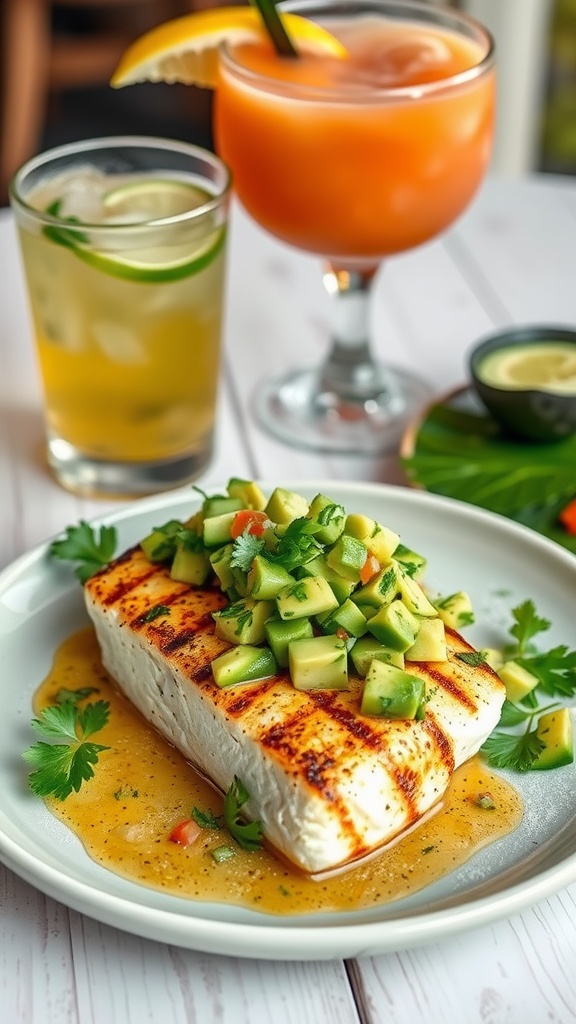 Plated grilled cod fillet topped with avocado salsa, surrounded by drinks and garnishes.