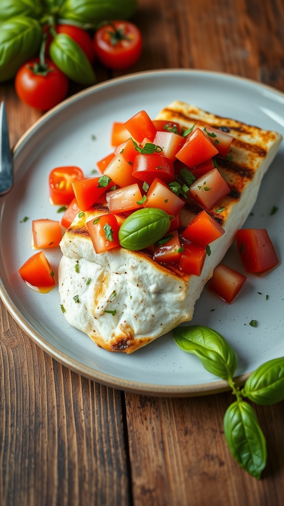 Grilled cod topped with tomato basil salsa on a plate