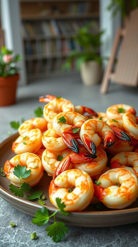 Grilled lemon garlic shrimp skewers on a plate garnished with parsley