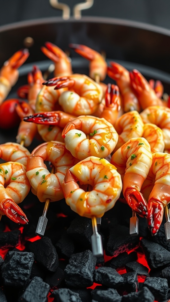 Grilled lemon garlic shrimp skewers on a grill