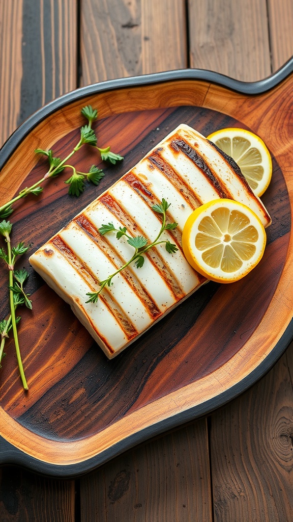 Grilled lemon herb halibut served on a wooden platter.