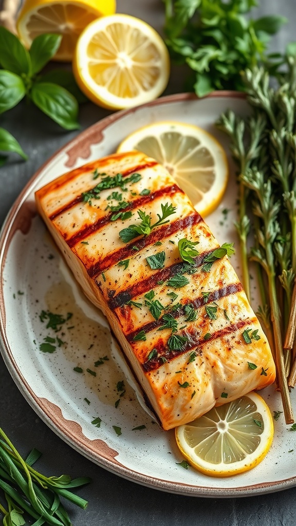 Grilled lemon herb salmon fillet with herbs and lemon slices