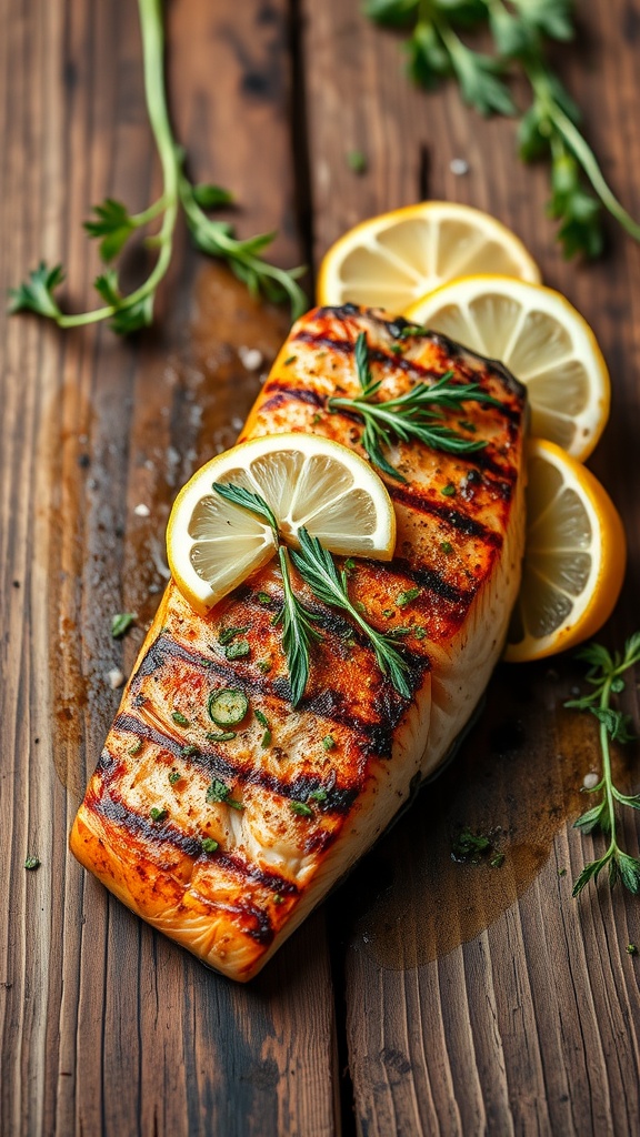 Grilled lemon herb salmon with lemon slices and herbs