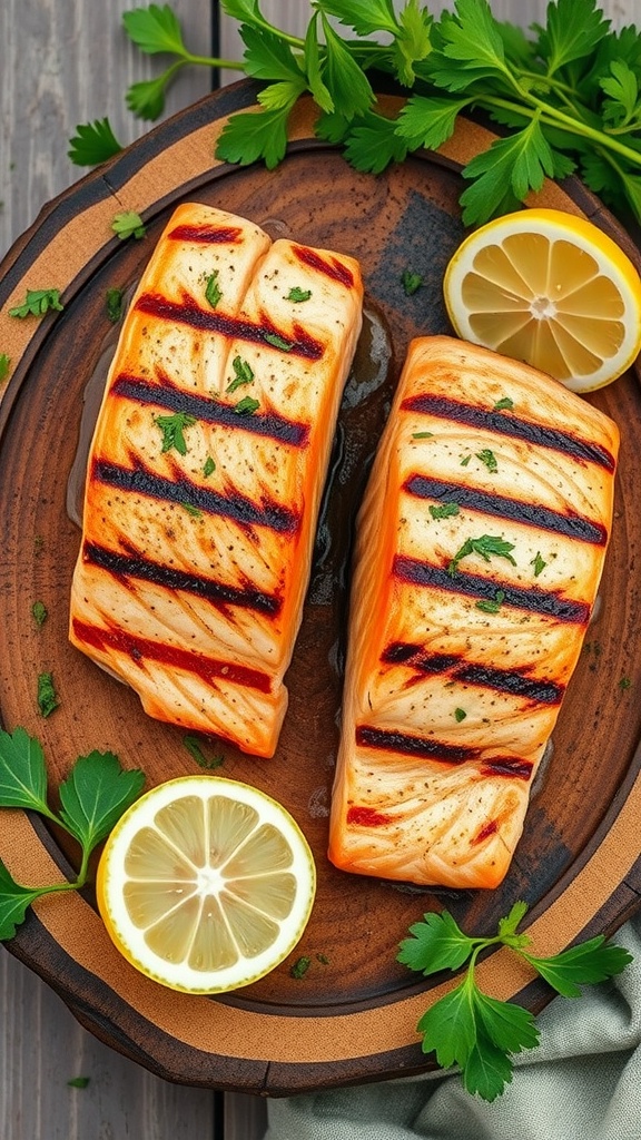 Grilled lemon herb salmon fillets garnished with parsley and lemon slices