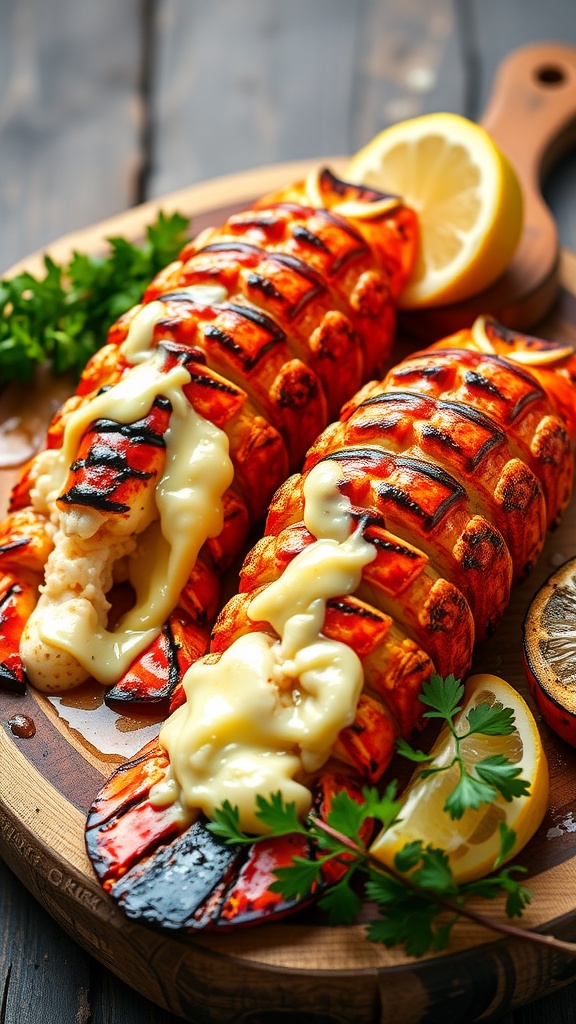 Delicious grilled lobster tails with garlic butter, garnished with lemon and parsley.