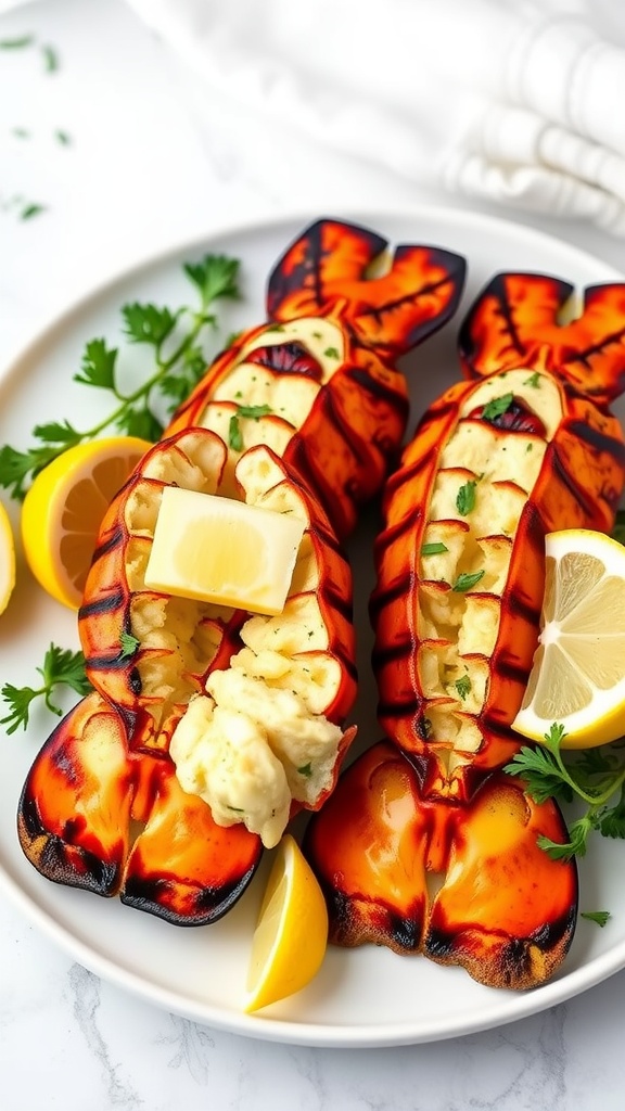 Grilled lobster tails with garlic butter garnished with lemon and parsley.