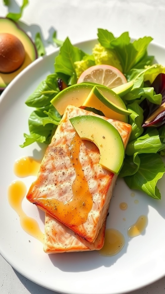 A delicious grilled salmon and avocado salad served on a plate with mixed greens and lemon slices.