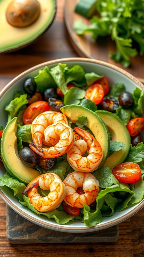 A delicious grilled shrimp and avocado salad served in a bowl, featuring fresh greens.