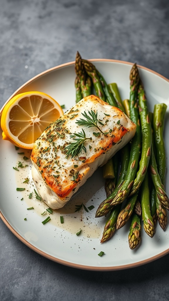A plate of herb-crusted cod with asparagus and a lemon slice